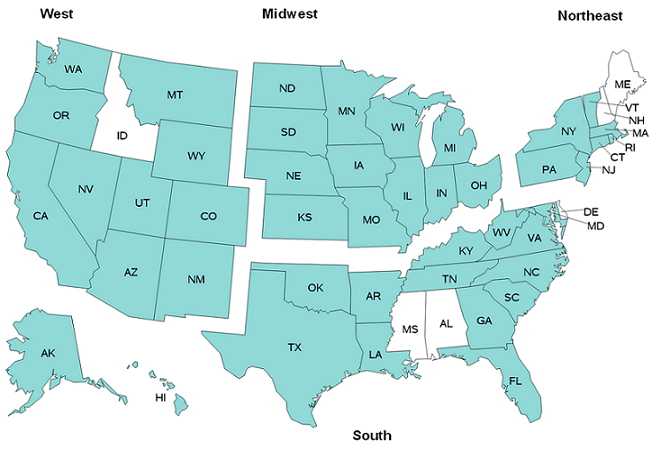 Figure 1: Map of the United States outlining KID States by Region 