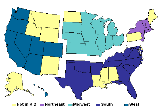 Figure 1: Map of the United States outlining KID States by Region 