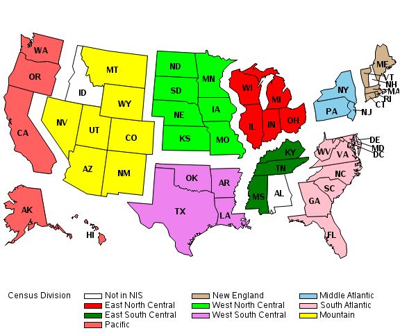 2016 map of U.S. showing census divisions of the HCUP NIS