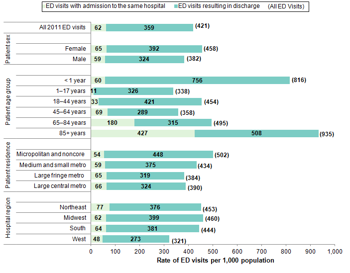 Figure 1 is a bar graph illustrating the rate of emergency department visits per 1,000 population by demographic characteristics.