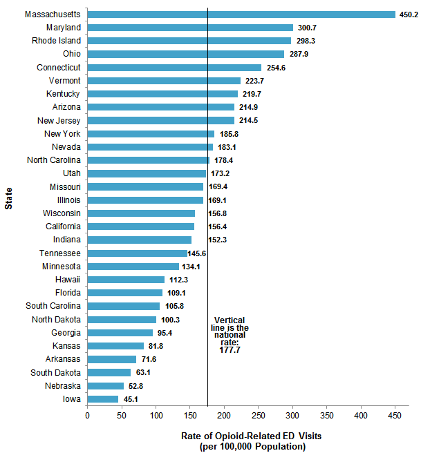 Figure 4 is a bar chart illustrating the rate of opioid-related emergency department visits per 100,000 population by State.