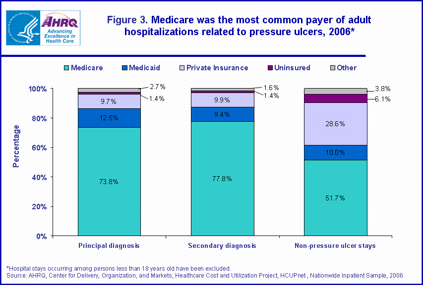 Figure 3. Medicare was the most common payer of adult hospitalizations related to pressure ulcers, 2006