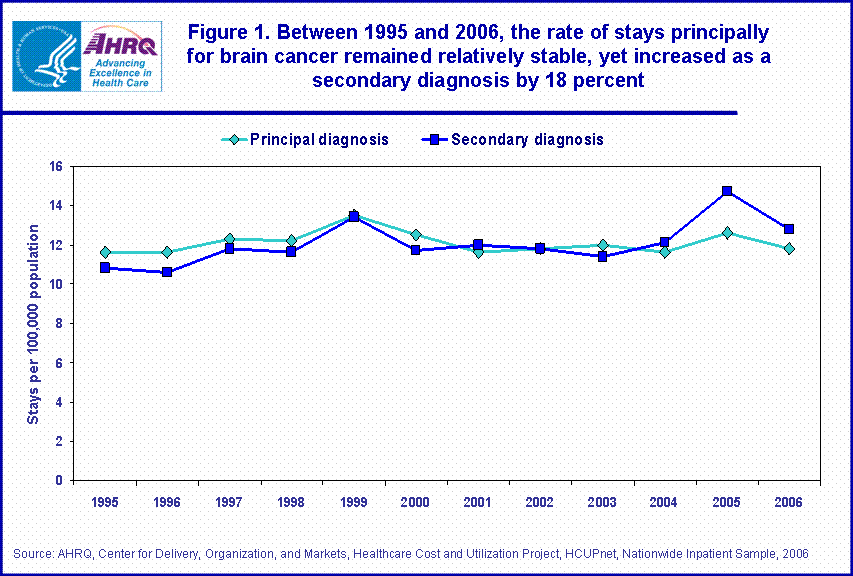 Figure 1. Between 1995 and 2006, the rate of stays principally for brain cancer remained relatively stable, yet increased as a secondary diagnosis by 18 percent