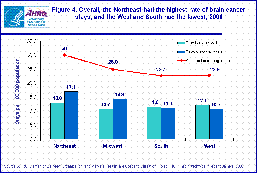 Figure 4. Overall, the Northeast had the highest rate of brain cancer stays, and the West and South had the lowest, 2006