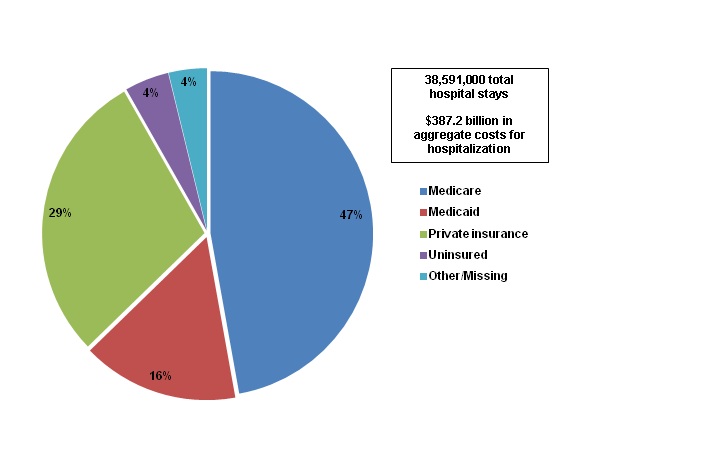 Figure 1 is a pie chart illustrating the distribution of national inpatient hospital costs by primary payer in 2011.