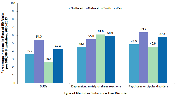 Figure 2 is a bar chart illustrating the percent increase in rate of emergency department visits related to mental and substance use disorders per 100,000 population by community-level income from 2006 to 2013.