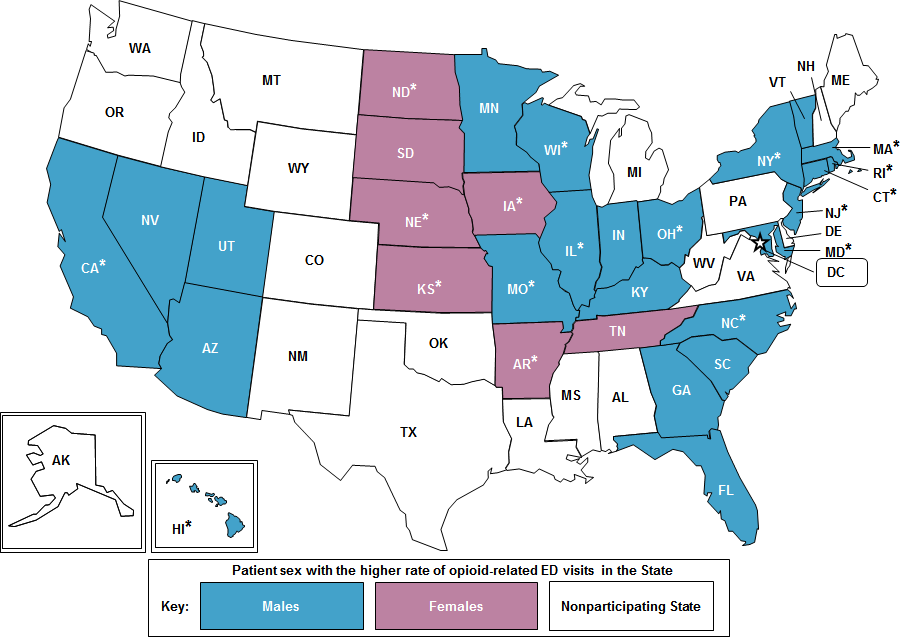 Figure 3 is a United States map that depicts for participating States which sex had the higher rate of opioid-related emergency department visits in 2014.