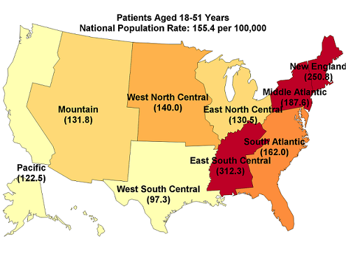 Figure 3 is three United States maps that illustrate the rate of inpatient stays per 100,000 population by age and by census division and the ratio of the census division rate to the national rate in 2014.