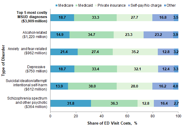 Figure 3 is a horizontal bar chart that illustrates the distribution of emergency department visit costs by primary payer for the five most expensive mental and substance use disorder diagnoses in 2017. Data are provided in Supplemental Table 3.