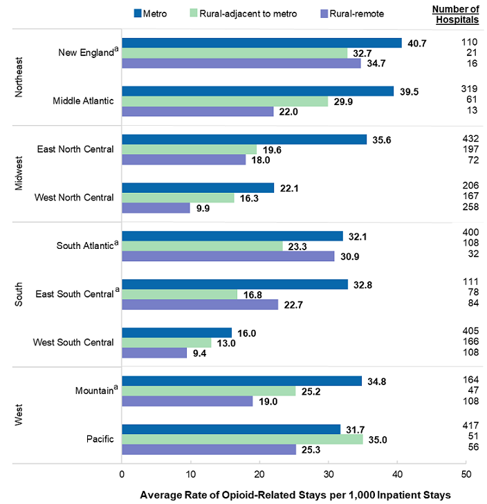 Figure 2 is a horizontal bar chart that illustrates the average hospital rate of opioid-related stays per 1,000 inpatient stays by hospital urban-rural location and U.S. census division in 2016. Data are provided in Supplemental Table 1.