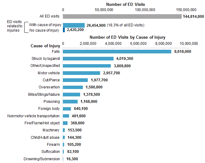 Figure 1 is 2 bar charts illustrating the total number of ED visits in 2017 and the total number of ED visits related to injuries by the cause of injury in 2017.